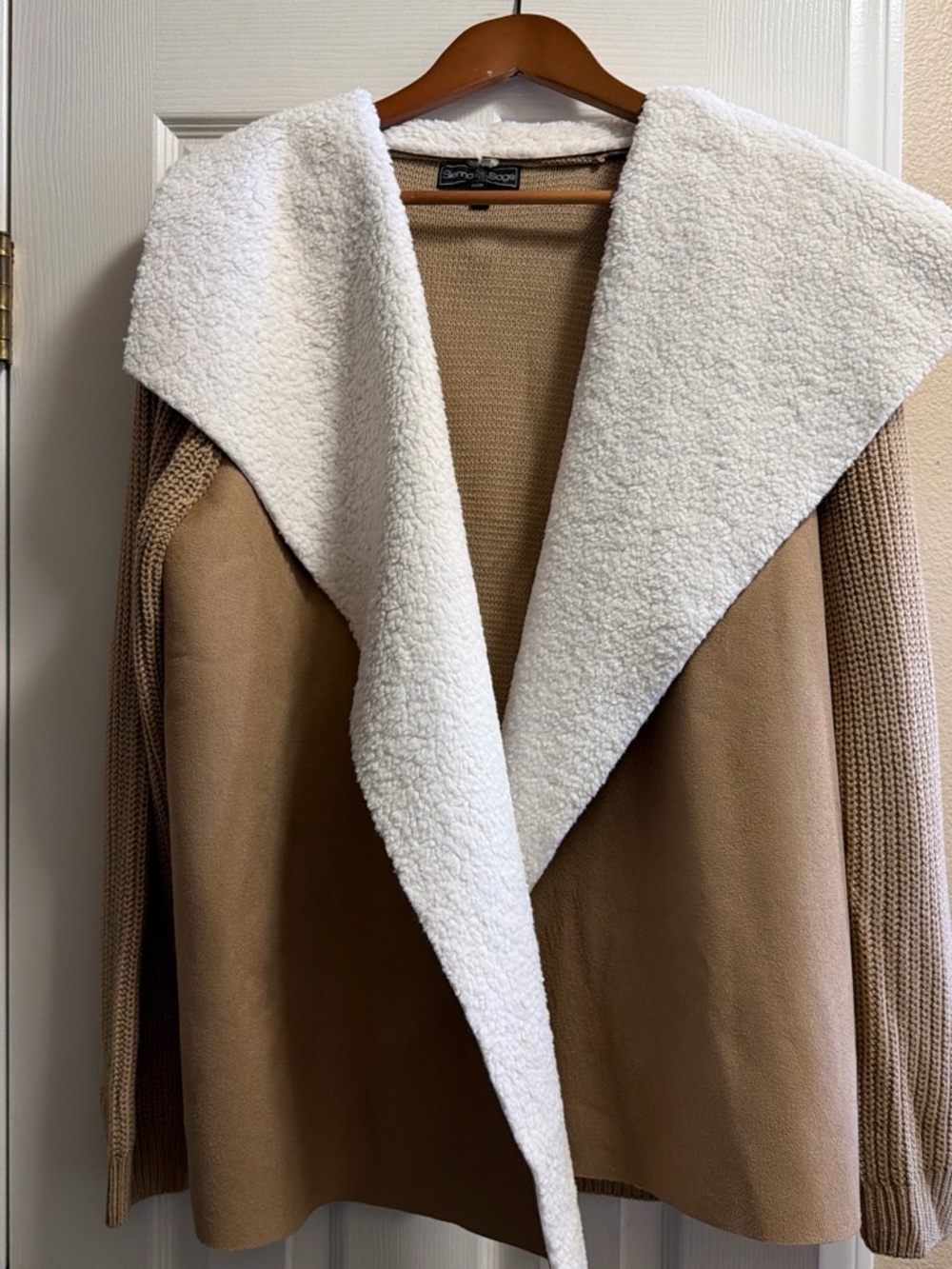 Gentle Fawn Women's Camel Sherpa Draped Jacket with Cream Collar